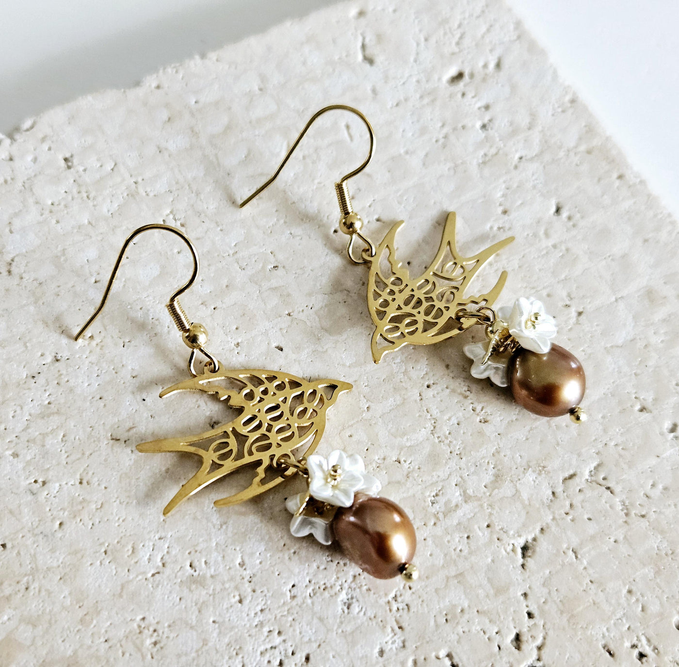 Swallow Filigree Earring GOLD Steel Brown PEARL White Flowers Dangle Thin Earring Lightweight Jewelry Mom Birthday Gift Spring Bird Earrings