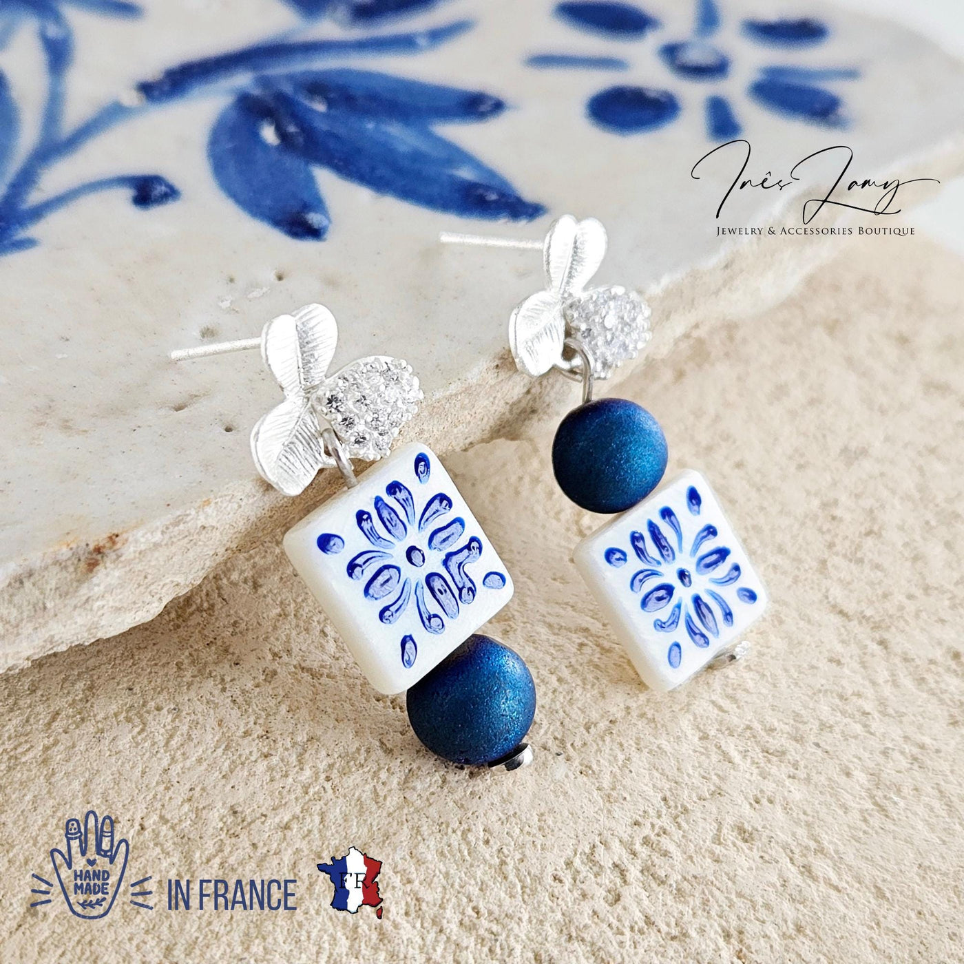 Hand Painted CERAMIC Tile Earring Portuguese Blue White Azulejo Earrings Square Natural Stone Stud Earrings Mother Pearl Porcelain Stud Gift