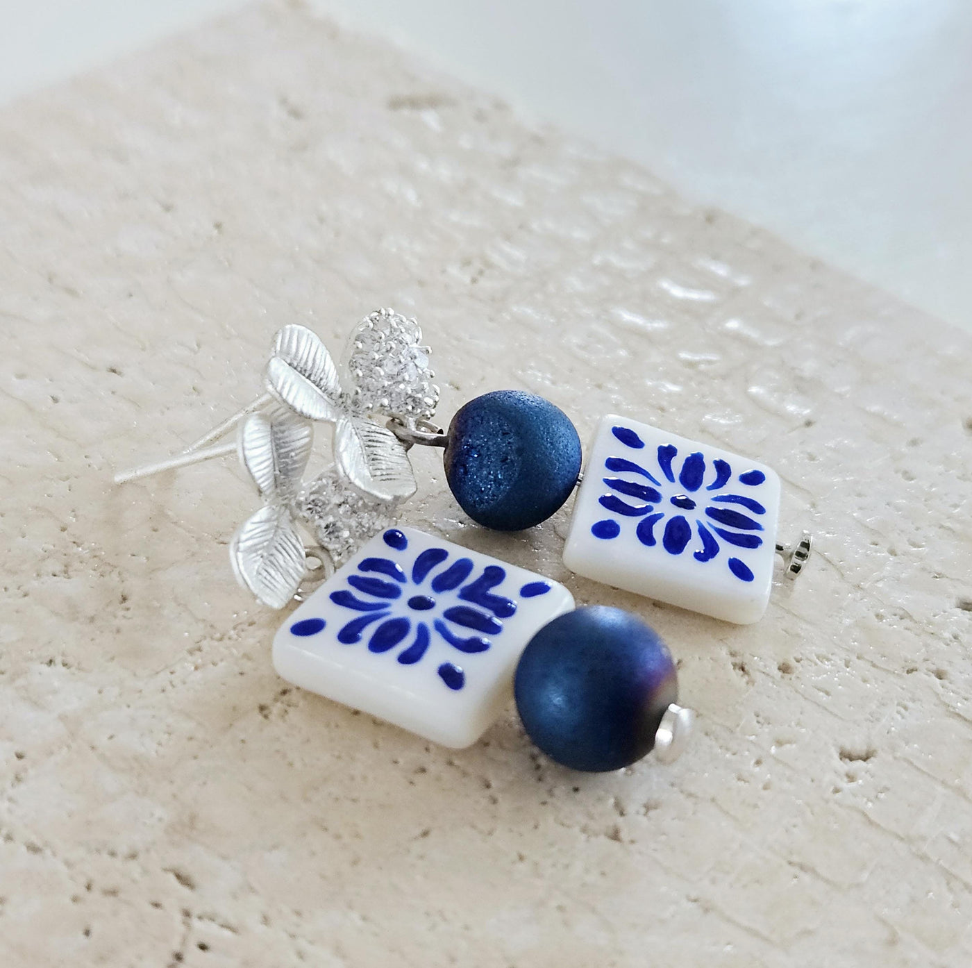 Hand Painted CERAMIC Tile Earring Portuguese Blue White Azulejo Earrings Square Natural Stone Stud Earrings Mother Pearl Porcelain Stud Gift