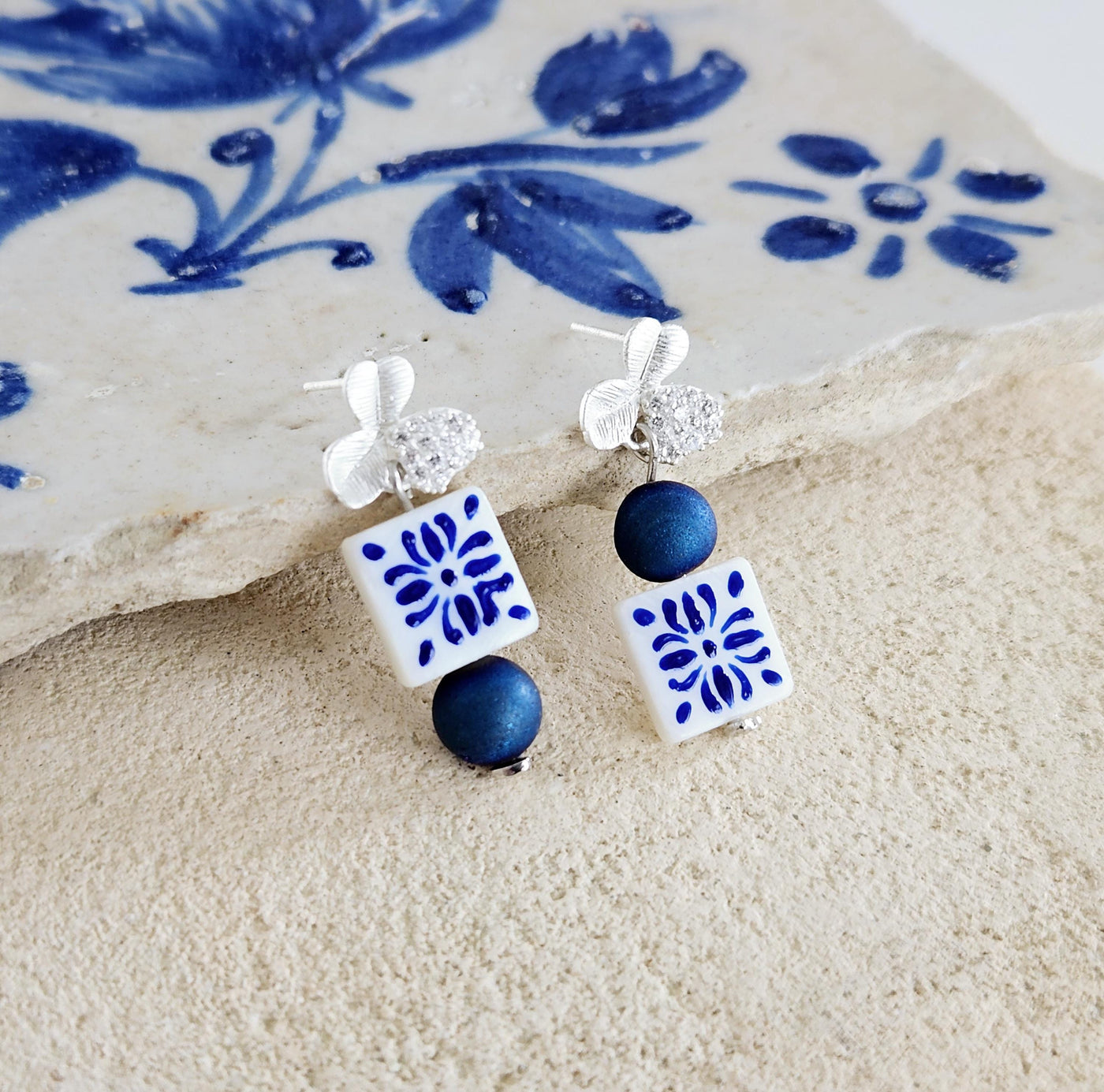 Hand Painted CERAMIC Tile Earring Portuguese Blue White Azulejo Earrings Square Natural Stone Stud Earrings Mother Pearl Porcelain Stud Gift