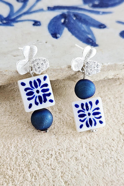 Hand Painted CERAMIC Tile Earring Portuguese Blue White Azulejo Earrings Square Natural Stone Stud Earrings Mother Pearl Porcelain Stud Gift