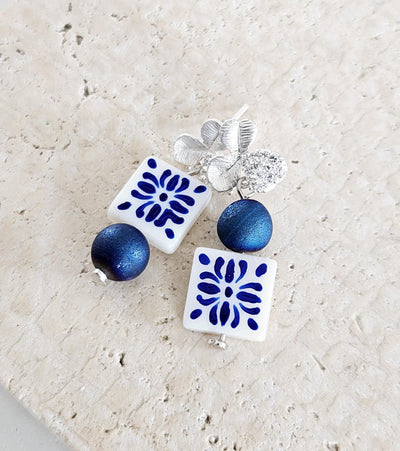 Hand Painted CERAMIC Tile Earring Portuguese Blue White Azulejo Earrings Square Natural Stone Stud Earrings Mother Pearl Porcelain Stud Gift