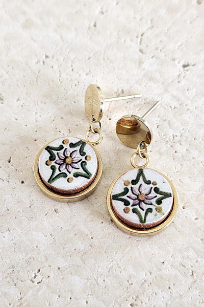 Gold Dot Portugal Tile Steel Post Earring Antique Flower Tile Gold Jewelry Gift Portuguese Heritage Drop Earring Gift Mediterranean Tile