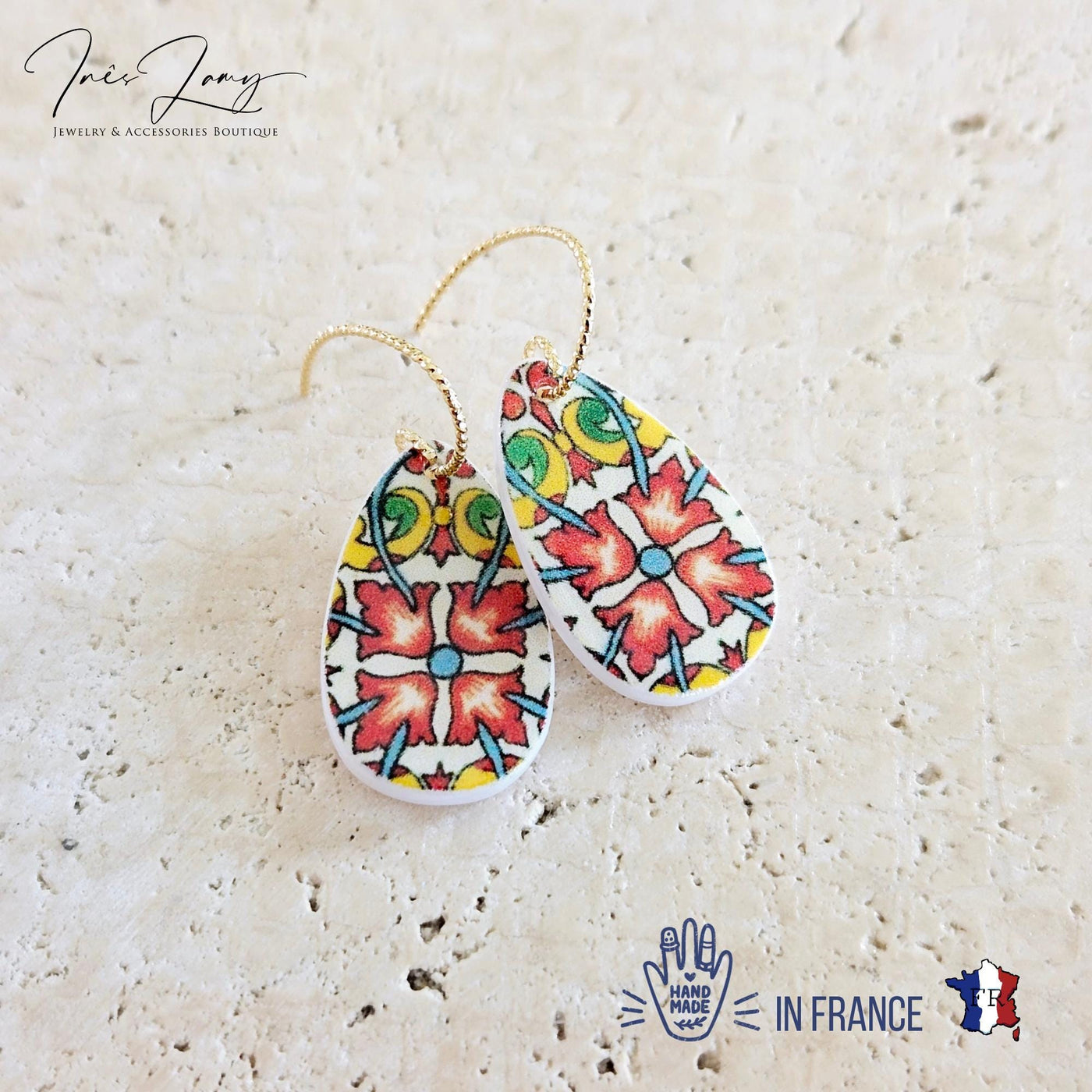 Mexican Flower Red Tile Mother Pearl Teardrop Earring Fiesta Colorful Earring Talavera Mexico Jewelry Spanish Tile Shell Latina Earring Gift