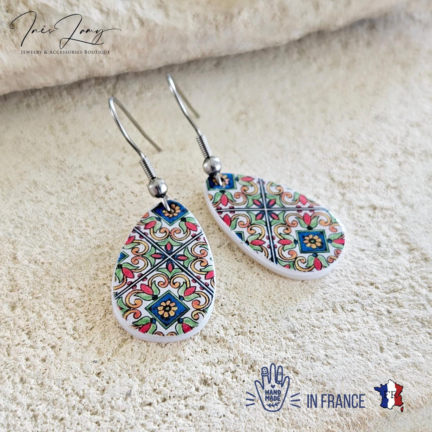 Mexican Red Blue Tile Mother Pearl Teardrop Earring Fiesta Colorful Earring Talavera Mexico Jewelry Spanish Tile Shell Latina Earring Gift