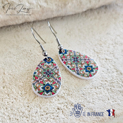 Mexican Red Blue Tile Mother Pearl Teardrop Earring Fiesta Colorful Earring Talavera Mexico Jewelry Spanish Tile Shell Latina Earring Gift