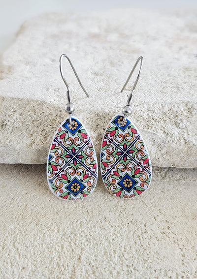 Mexican Red Blue Tile Mother Pearl Teardrop Earring Fiesta Colorful Earring Talavera Mexico Jewelry Spanish Tile Shell Latina Earring Gift