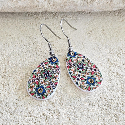 Mexican Red Blue Tile Mother Pearl Teardrop Earring Fiesta Colorful Earring Talavera Mexico Jewelry Spanish Tile Shell Latina Earring Gift