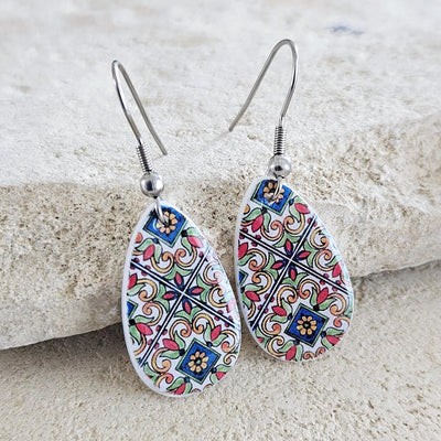 Mexican Red Blue Tile Mother Pearl Teardrop Earring Fiesta Colorful Earring Talavera Mexico Jewelry Spanish Tile Shell Latina Earring Gift