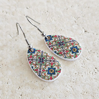 Mexican Red Blue Tile Mother Pearl Teardrop Earring Fiesta Colorful Earring Talavera Mexico Jewelry Spanish Tile Shell Latina Earring Gift