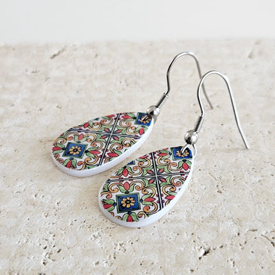 Mexican Red Blue Tile Mother Pearl Teardrop Earring Fiesta Colorful Earring Talavera Mexico Jewelry Spanish Tile Shell Latina Earring Gift