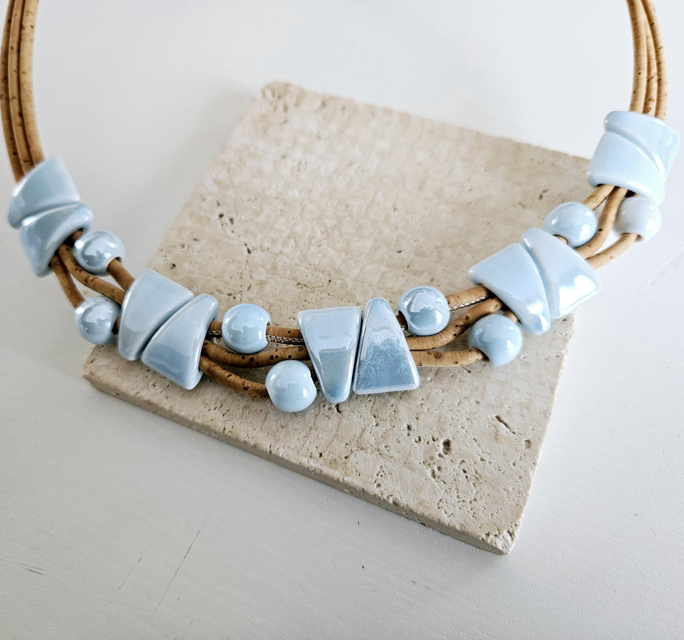 Cork Ceramic Necklace Triangle Geometric Cork Strand Necklace Choker Portuguese Jewelry Porcelain Earthenware Handmade Cork Vegan Necklace