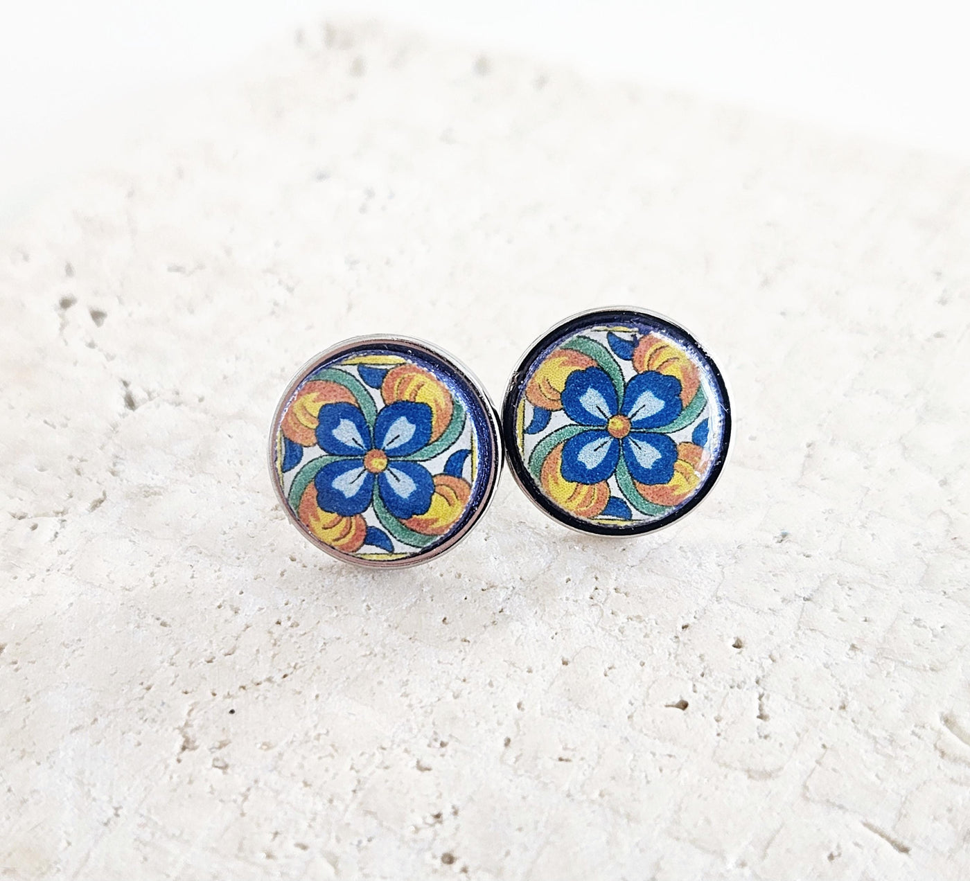 Round Mexican Tile Stud Earring Talavera Colorful Jewelry Mexico Orange Blue Small STEEL Stud Tile Floral Jewelry Spanish Latina Mother Gift