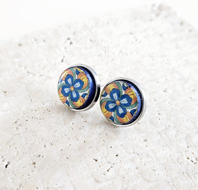 Round Mexican Tile Stud Earring Talavera Colorful Jewelry Mexico Orange Blue Small STEEL Stud Tile Floral Jewelry Spanish Latina Mother Gift