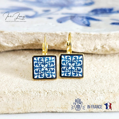 GOLD Blue Azulejo Tile Earring Stainless STEEL Drop Square Geometric Earring Gift Blue Tile Earring Silver Gold Mediterranean Travel Gift