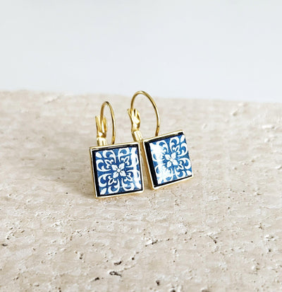 GOLD Blue Azulejo Tile Earring Stainless STEEL Drop Square Geometric Earring Gift Blue Tile Earring Silver Gold Mediterranean Travel Gift