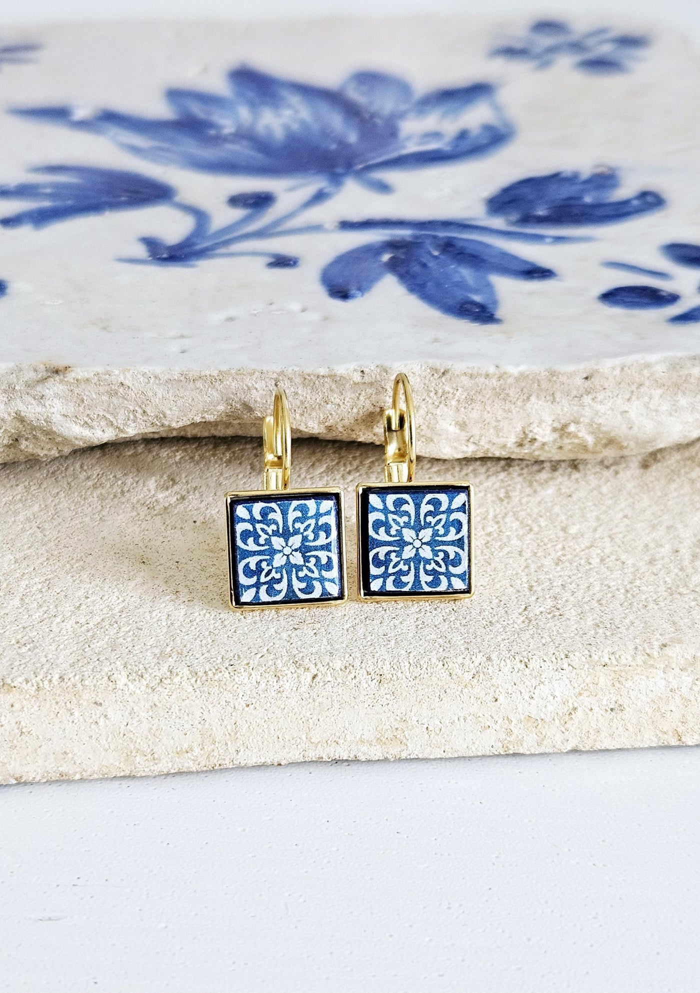 GOLD Blue Azulejo Tile Earring Stainless STEEL Drop Square Geometric Earring Gift Blue Tile Earring Silver Gold Mediterranean Travel Gift