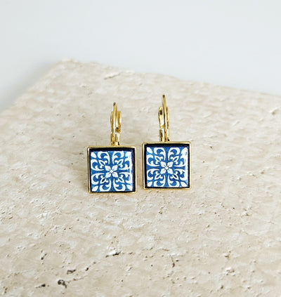 GOLD Blue Azulejo Tile Earring Stainless STEEL Drop Square Geometric Earring Gift Blue Tile Earring Silver Gold Mediterranean Travel Gift