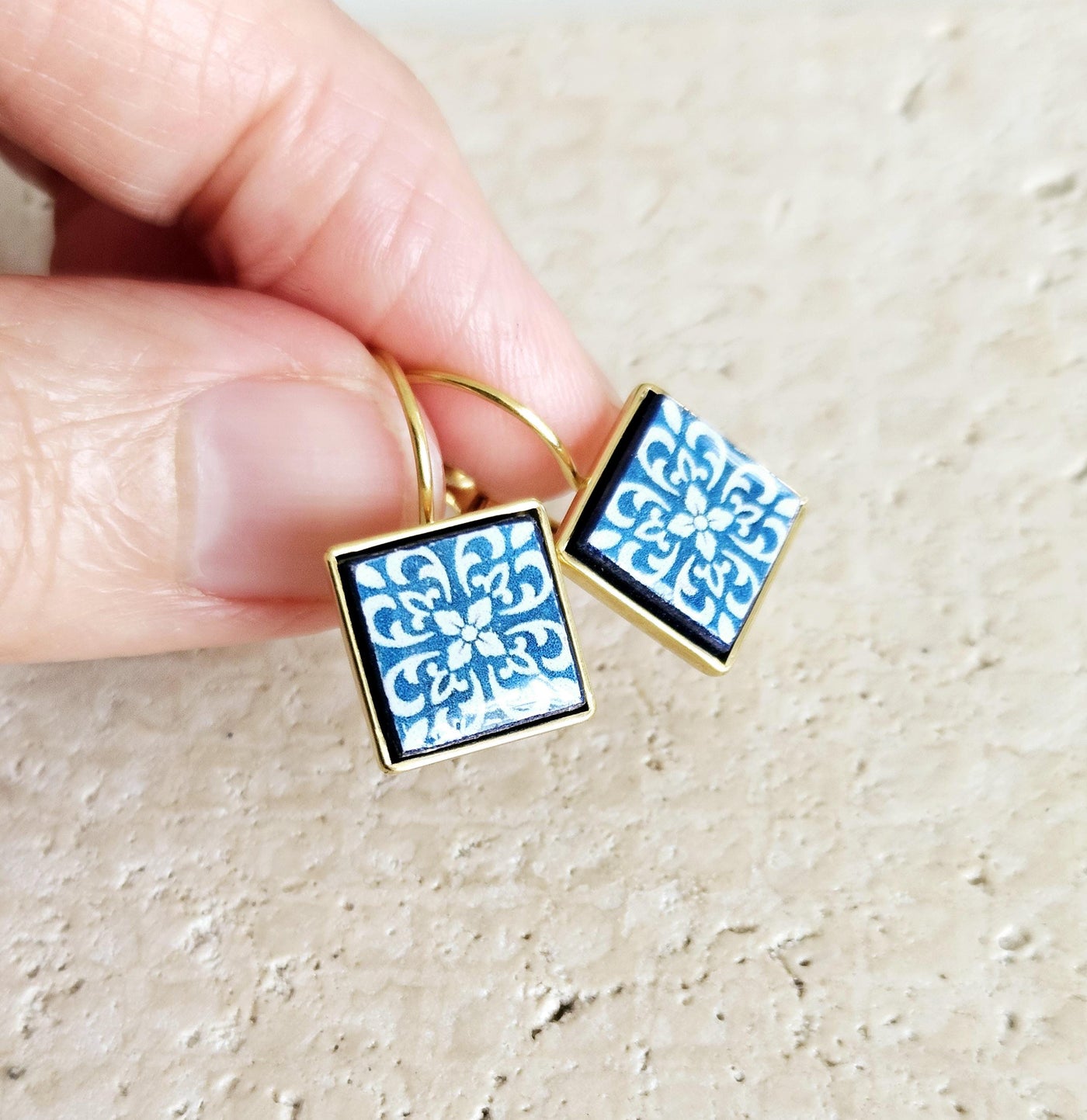 GOLD Blue Azulejo Tile Earring Stainless STEEL Drop Square Geometric Earring Gift Blue Tile Earring Silver Gold Mediterranean Travel Gift