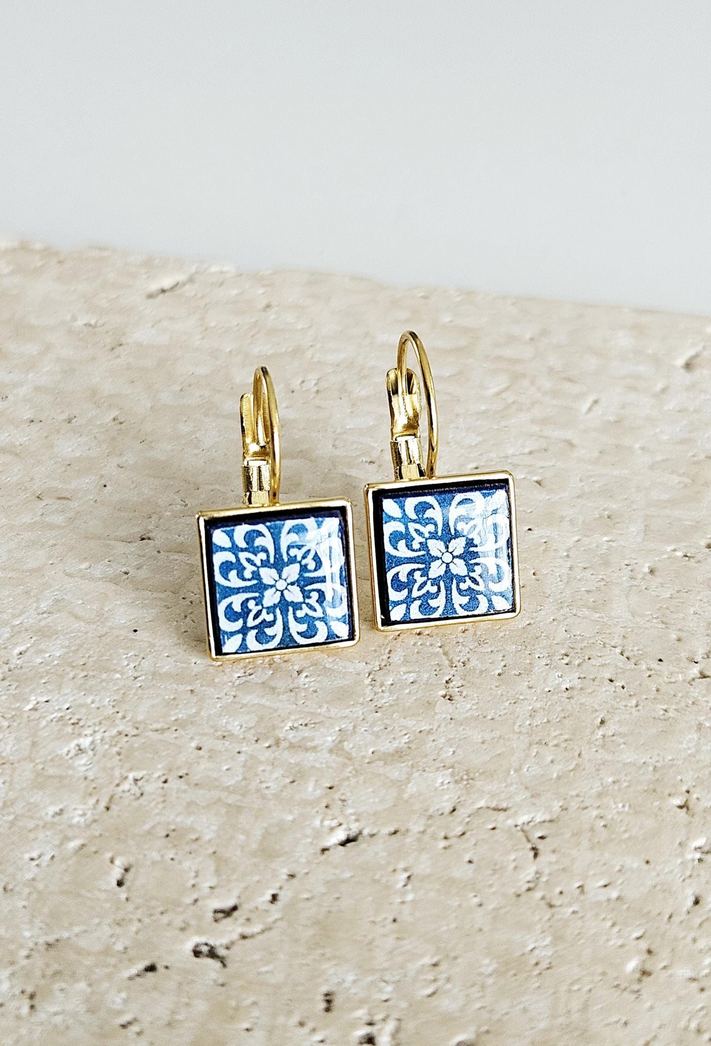 GOLD Blue Azulejo Tile Earring Stainless STEEL Drop Square Geometric Earring Gift Blue Tile Earring Silver Gold Mediterranean Travel Gift