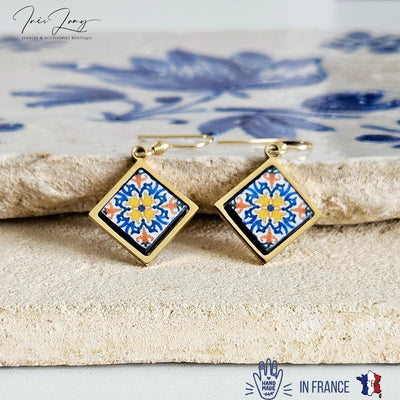 Aveiro Portugal Tile Earring Diamond Drop GOLD Earring Azulejo Stainless STEEL Prom Earring Portuguese Jewelry Gift Mom Wife Birthday Gift