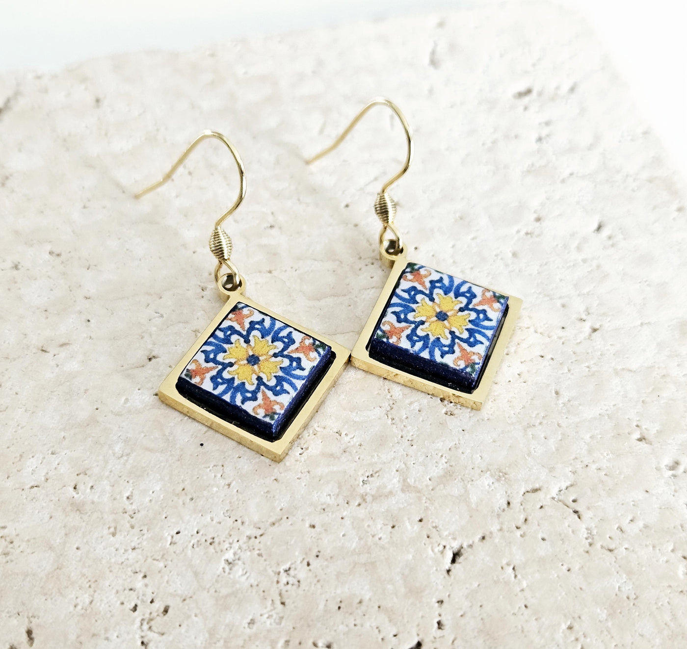 Aveiro Portugal Tile Earring Diamond Drop GOLD Earring Azulejo Stainless STEEL Prom Earring Portuguese Jewelry Gift Mom Wife Birthday Gift