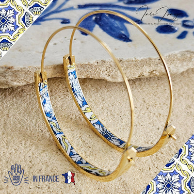 Blue Yellow Portugal Tile GOLD HOOP Earring Lightweight Steel Azulejo Hoop Historical Jewelry Flat Hoop Earring Gift Women Portuguese Mom