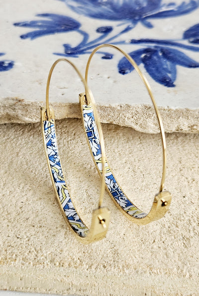 Blue Yellow Portugal Tile GOLD HOOP Earring Lightweight Steel Azulejo Hoop Historical Jewelry Flat Hoop Earring Gift Women Portuguese Mom