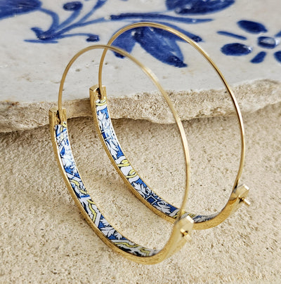 Blue Yellow Portugal Tile GOLD HOOP Earring Lightweight Steel Azulejo Hoop Historical Jewelry Flat Hoop Earring Gift Women Portuguese Mom