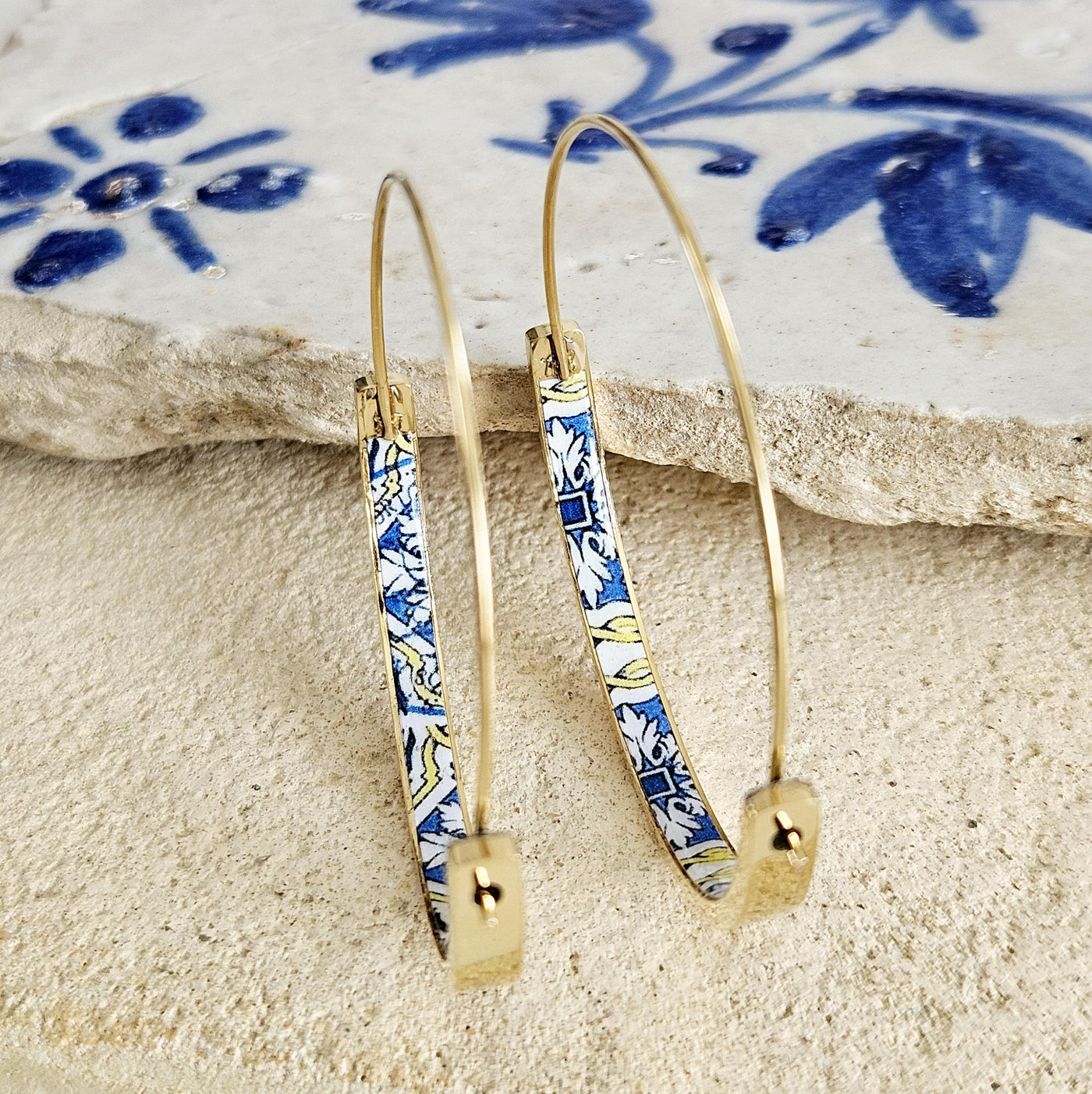 Blue Yellow Portugal Tile GOLD HOOP Earring Lightweight Steel Azulejo Hoop Historical Jewelry Flat Hoop Earring Gift Women Portuguese Mom