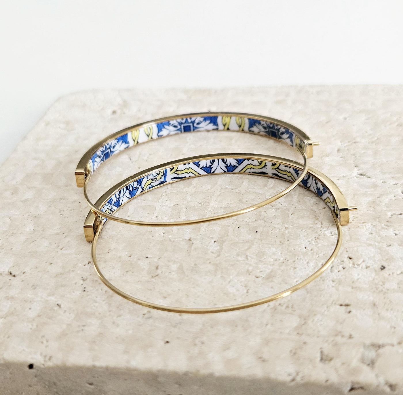 Blue Yellow Portugal Tile GOLD HOOP Earring Lightweight Steel Azulejo Hoop Historical Jewelry Flat Hoop Earring Gift Women Portuguese Mom