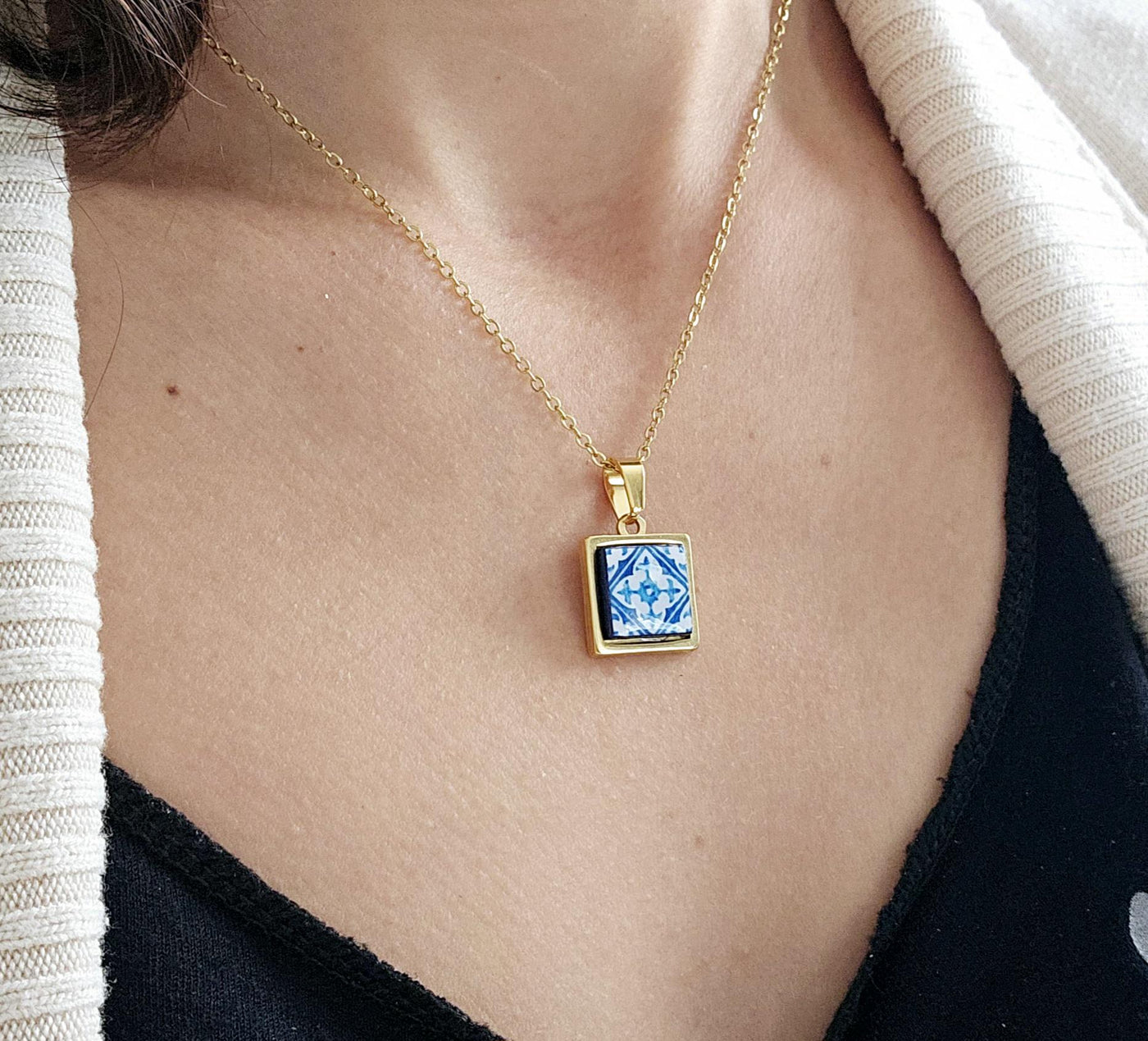 GOLD Blue Tile Charm Necklace Portuguese Blue White Tile Azulejo Pendant Steel Square Necklace Tile Portugal Azores Gift Handmade Souvenir