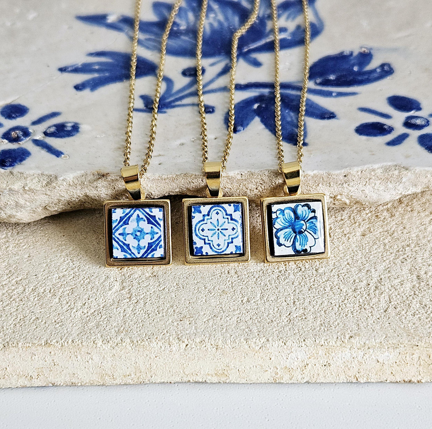 GOLD Blue Tile Charm Necklace Portuguese Blue White Tile Azulejo Pendant Steel Square Necklace Tile Portugal Azores Gift Handmade Souvenir