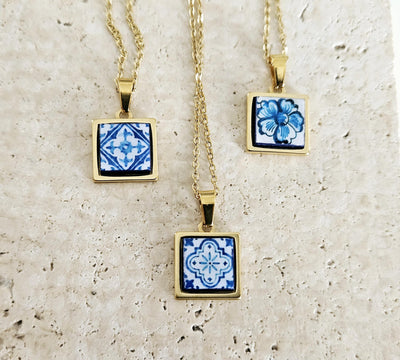 GOLD Blue Tile Charm Necklace Portuguese Blue White Tile Azulejo Pendant Steel Square Necklace Tile Portugal Azores Gift Handmade Souvenir