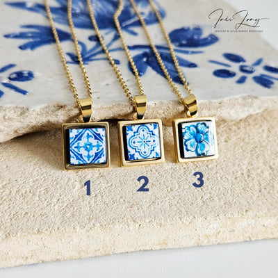 GOLD Blue Tile Charm Necklace Portuguese Blue White Tile Azulejo Pendant Steel Square Necklace Tile Portugal Azores Gift Handmade Souvenir