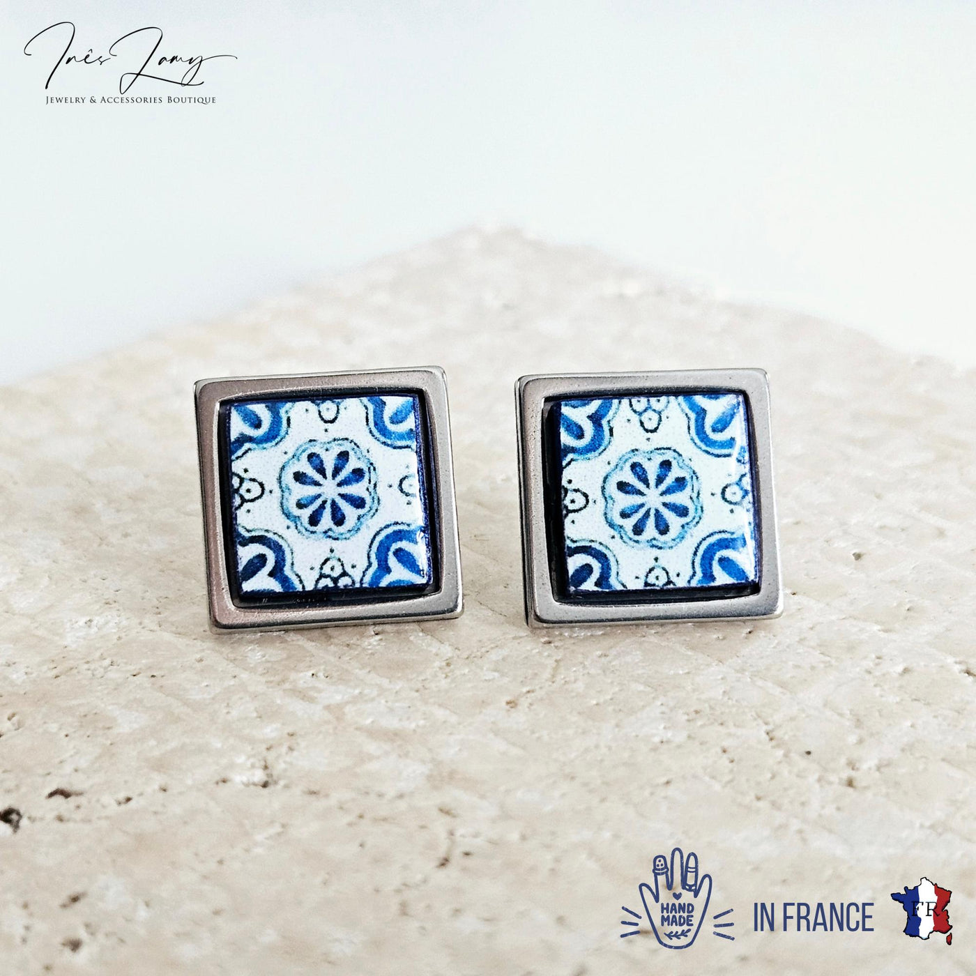 Small Antique Tile Silver STEEL Post Earring Portuguese Tile Square Blue White Geometric Gift Azulejo Jewelry Handmade Travel Gift Souvenir