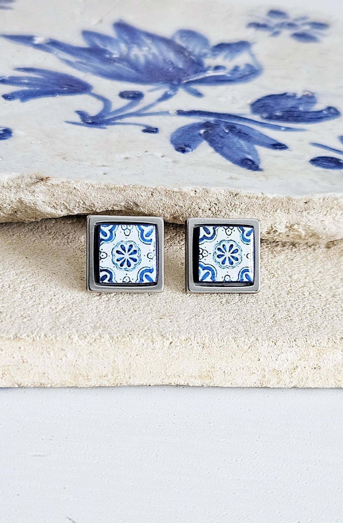 Small Antique Tile Silver STEEL Post Earring Portuguese Tile Square Blue White Geometric Gift Azulejo Jewelry Handmade Travel Gift Souvenir