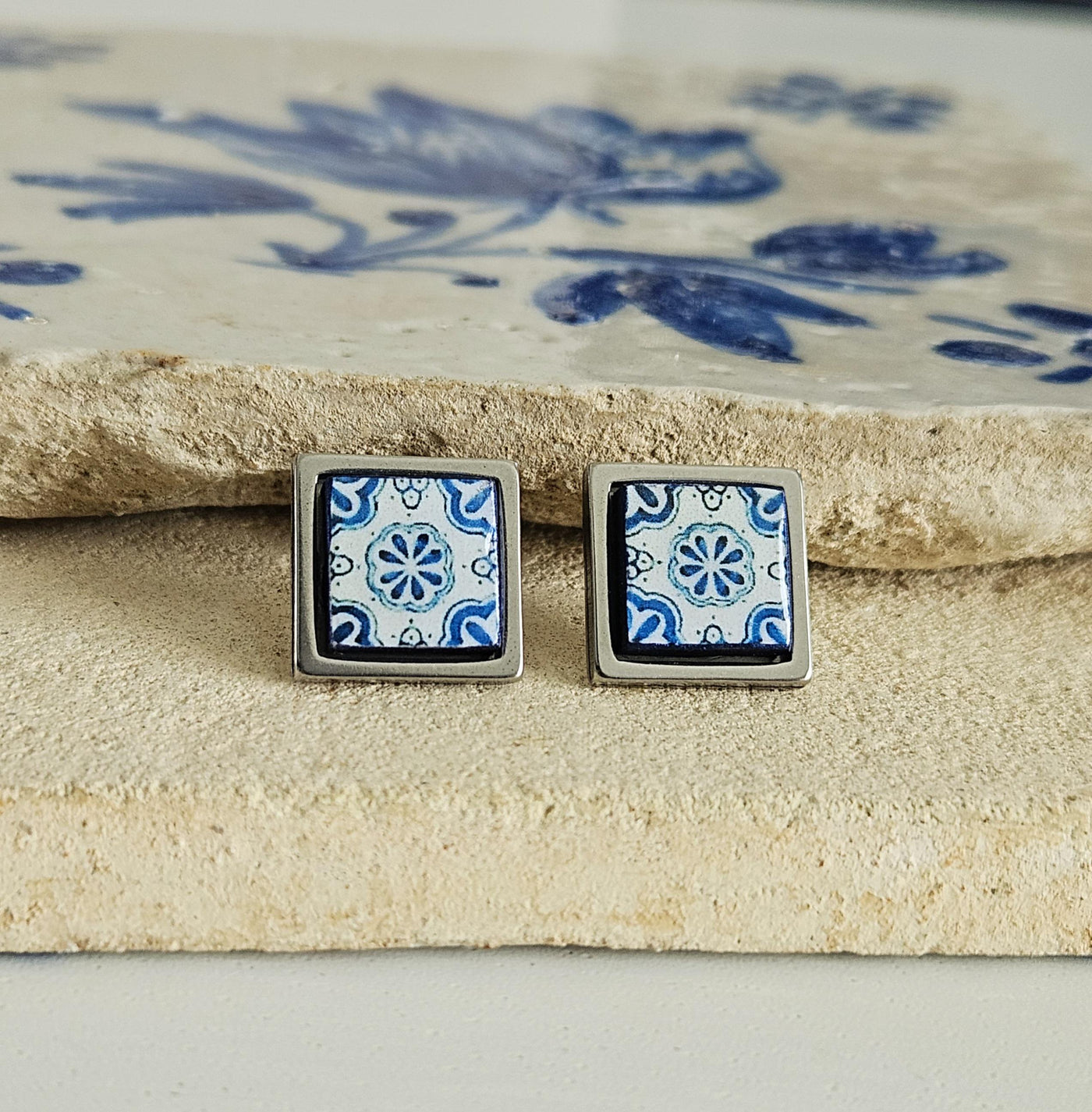 Small Antique Tile Silver STEEL Post Earring Portuguese Tile Square Blue White Geometric Gift Azulejo Jewelry Handmade Travel Gift Souvenir