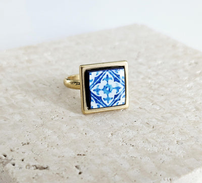 BLUE Portugal Tile GOLD STEEL Ring Portuguese Square Azulejo Ring Antique Adjustable Vintage Majolica Blue White Mosaic Tile Women Ring Gift