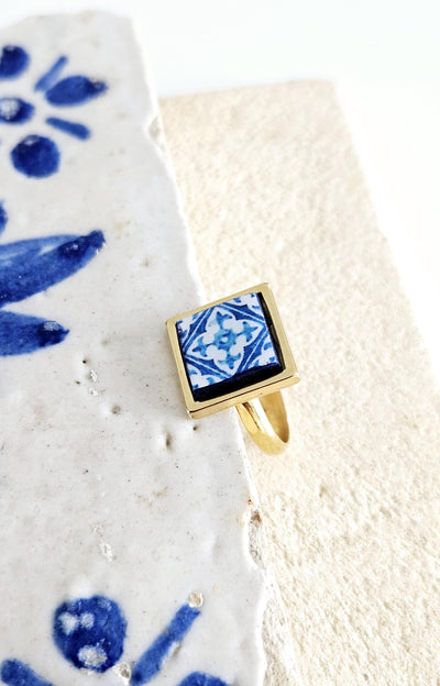 BLUE Portugal Tile GOLD STEEL Ring Portuguese Square Azulejo Ring Antique Adjustable Vintage Majolica Blue White Mosaic Tile Women Ring Gift