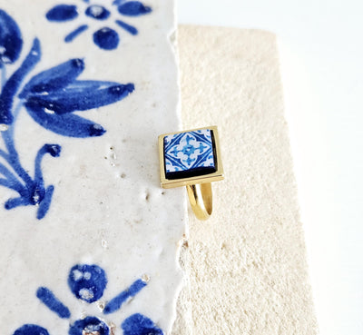 BLUE Portugal Tile GOLD STEEL Ring Portuguese Square Azulejo Ring Antique Adjustable Vintage Majolica Blue White Mosaic Tile Women Ring Gift