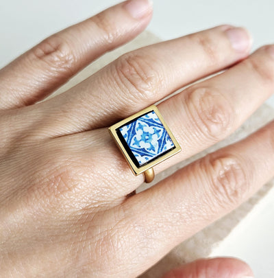 BLUE Portugal Tile GOLD STEEL Ring Portuguese Square Azulejo Ring Antique Adjustable Vintage Majolica Blue White Mosaic Tile Women Ring Gift