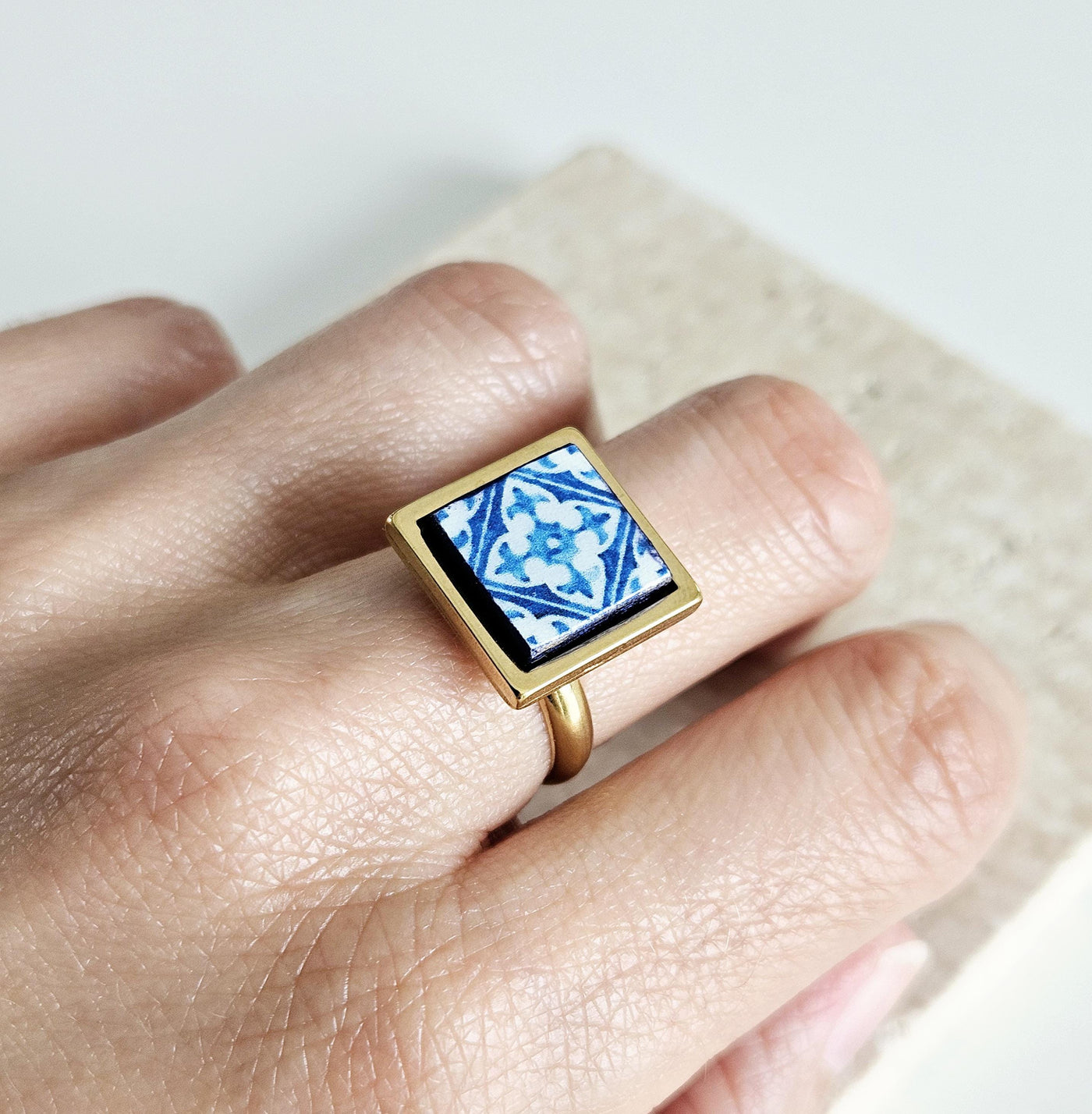 BLUE Portugal Tile GOLD STEEL Ring Portuguese Square Azulejo Ring Antique Adjustable Vintage Majolica Blue White Mosaic Tile Women Ring Gift