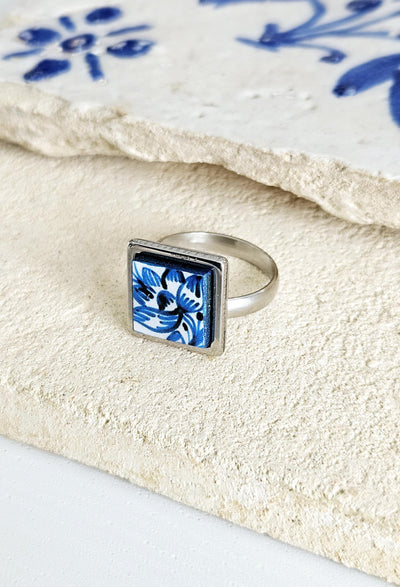 BLUE Portugal Tile Silver STEEL Ring Portuguese Square Azulejo Ring Antique Adjustable Vintage Majolica Delft Mosaic Tile Women Ring Gift