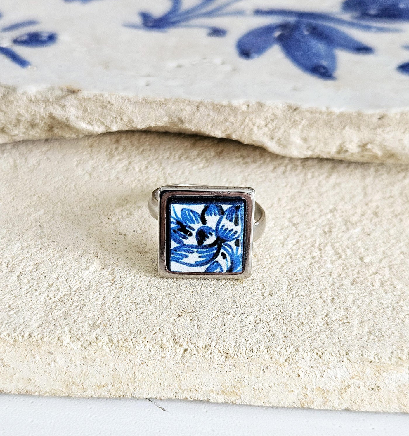 BLUE Portugal Tile Silver STEEL Ring Portuguese Square Azulejo Ring Antique Adjustable Vintage Majolica Delft Mosaic Tile Women Ring Gift