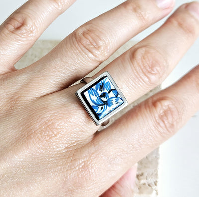 BLUE Portugal Tile Silver STEEL Ring Portuguese Square Azulejo Ring Antique Adjustable Vintage Majolica Delft Mosaic Tile Women Ring Gift