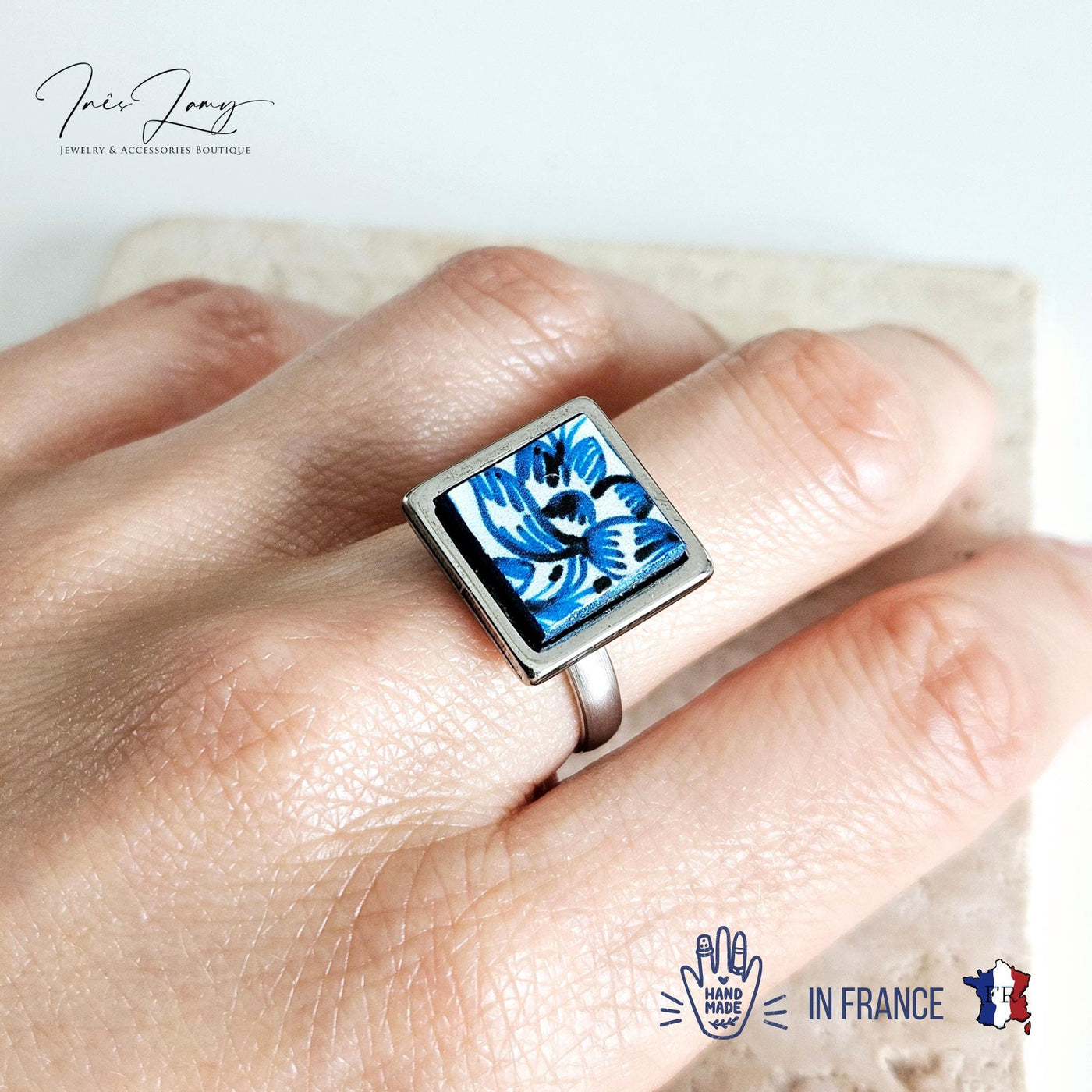 BLUE Portugal Tile Silver STEEL Ring Portuguese Square Azulejo Ring Antique Adjustable Vintage Majolica Delft Mosaic Tile Women Ring Gift