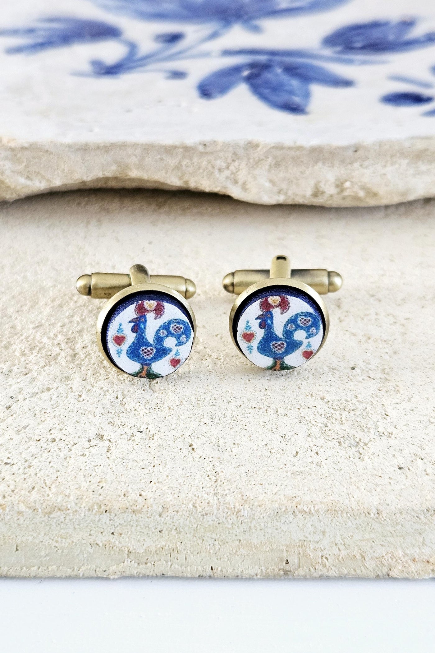 Rooster Bronze Cufflink Blue Round Wood Cufflink Gift Portuguese Galo Groomsmen Wedding Cufflink Father Heritage Gift Idea Business Cufflink