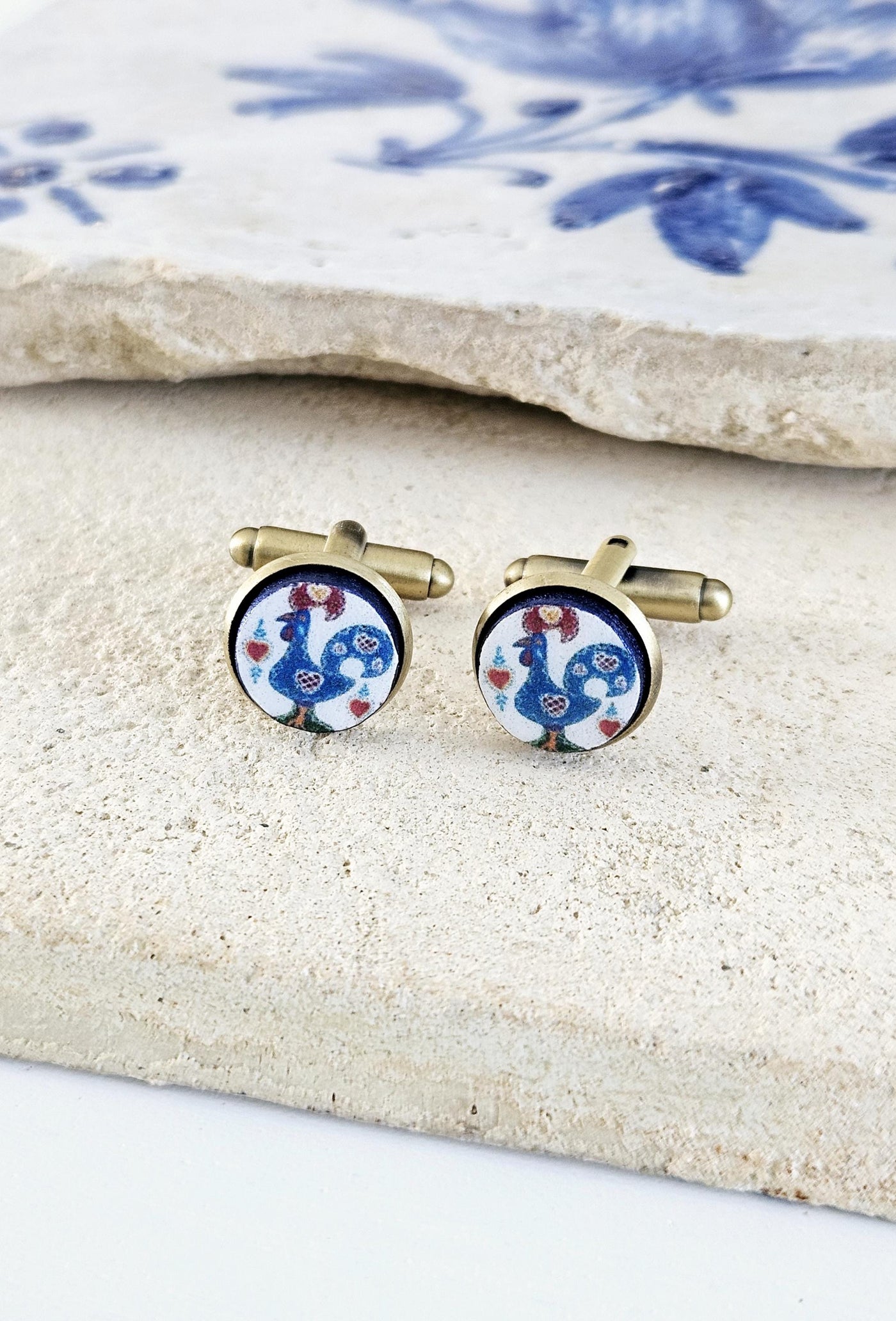 Rooster Bronze Cufflink Blue Round Wood Cufflink Gift Portuguese Galo Groomsmen Wedding Cufflink Father Heritage Gift Idea Business Cufflink