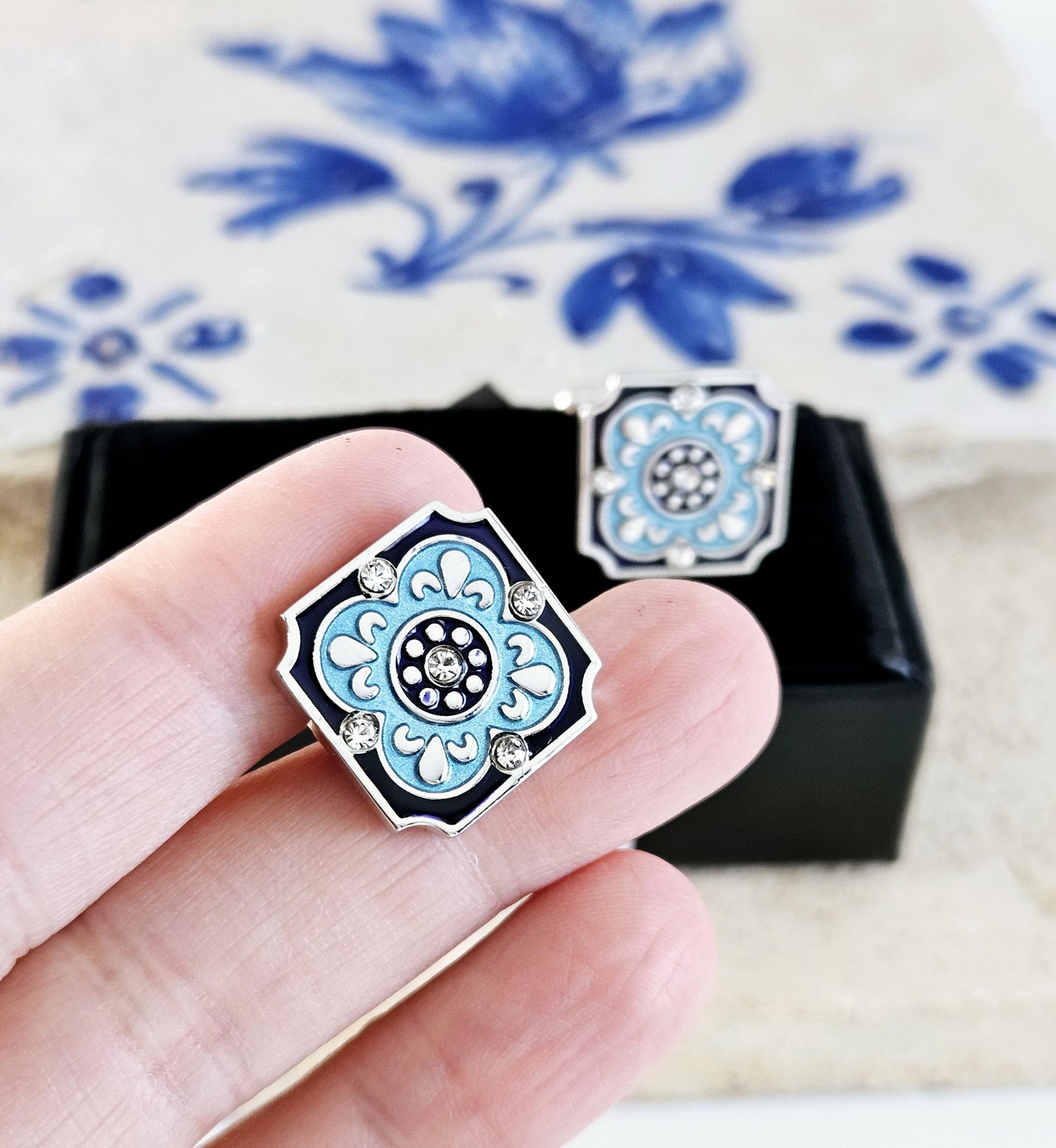 Portugal Tile Blue Enamel Cufflinks Azulejo Majolica Blue Black White Steel Luxury Cufflink Portuguese Groom Wedding Corporate Suit Cufflink